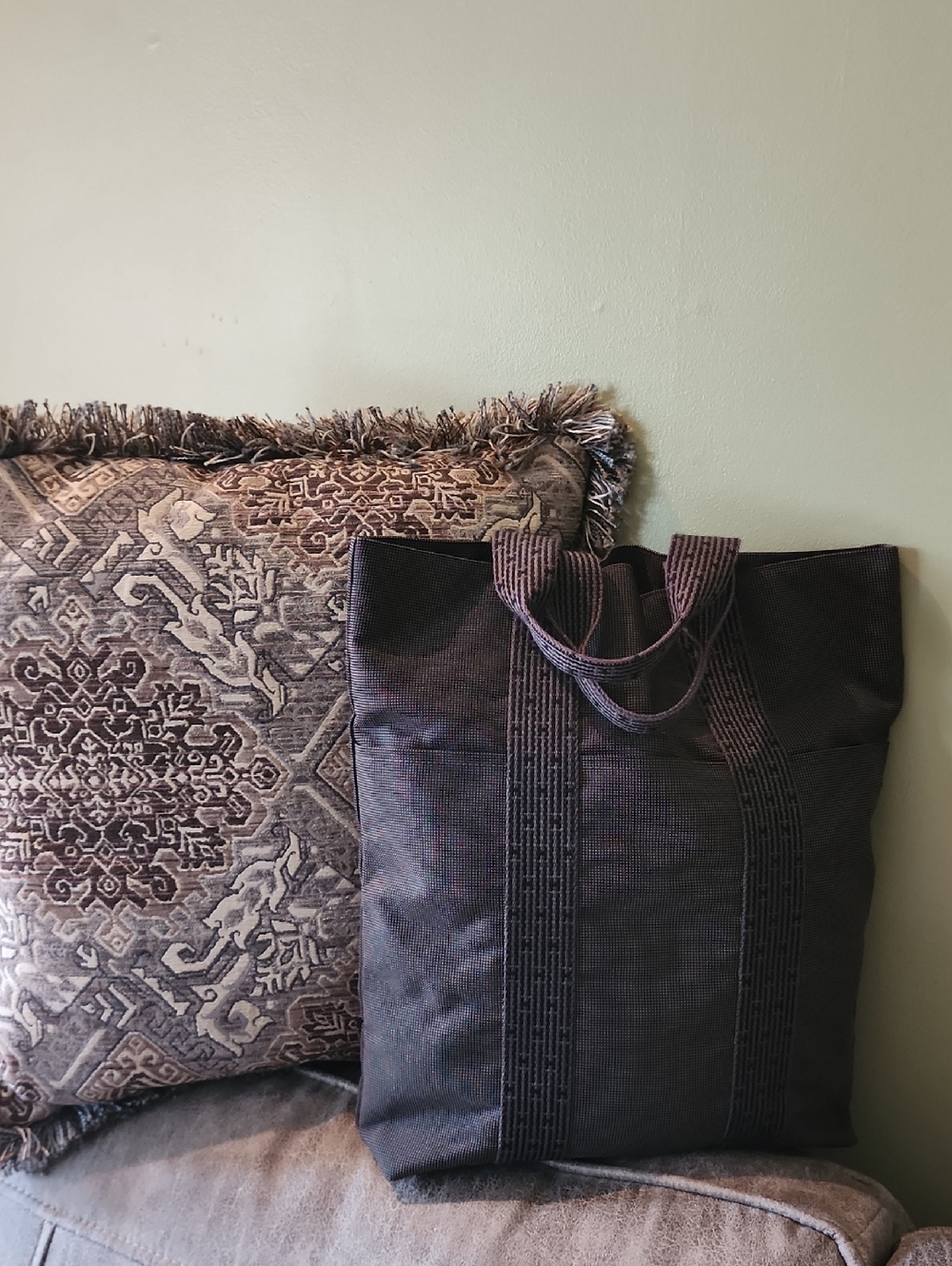 Authentic Hermes Black/Grey Toile Herline Cabas Tote Bag